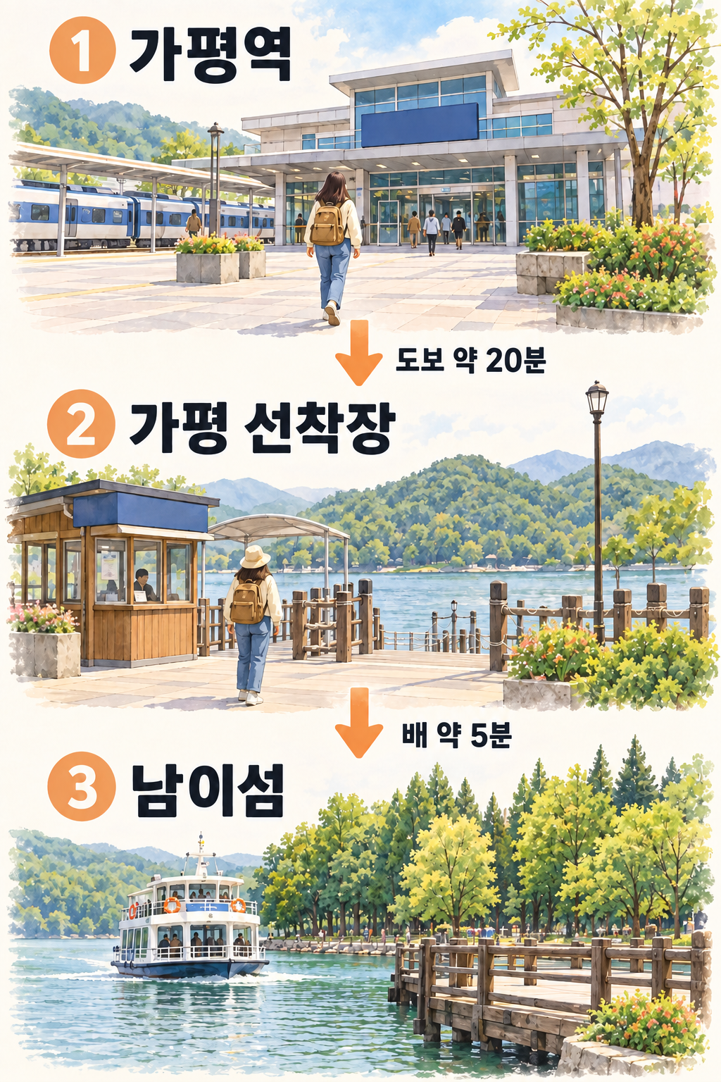 가평역에서 도보 약20분으로 가평 선착장에 도착하고 배 약5분으로 남이섬에 가는 이동 순서
