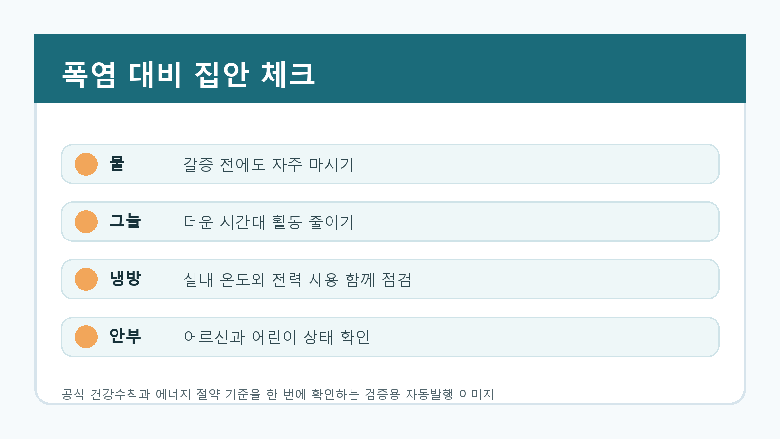 폭염 대비 집안 건강과 냉방비 체크 항목을 물, 그늘, 냉방, 안부 네 가지로 정리한 이미지