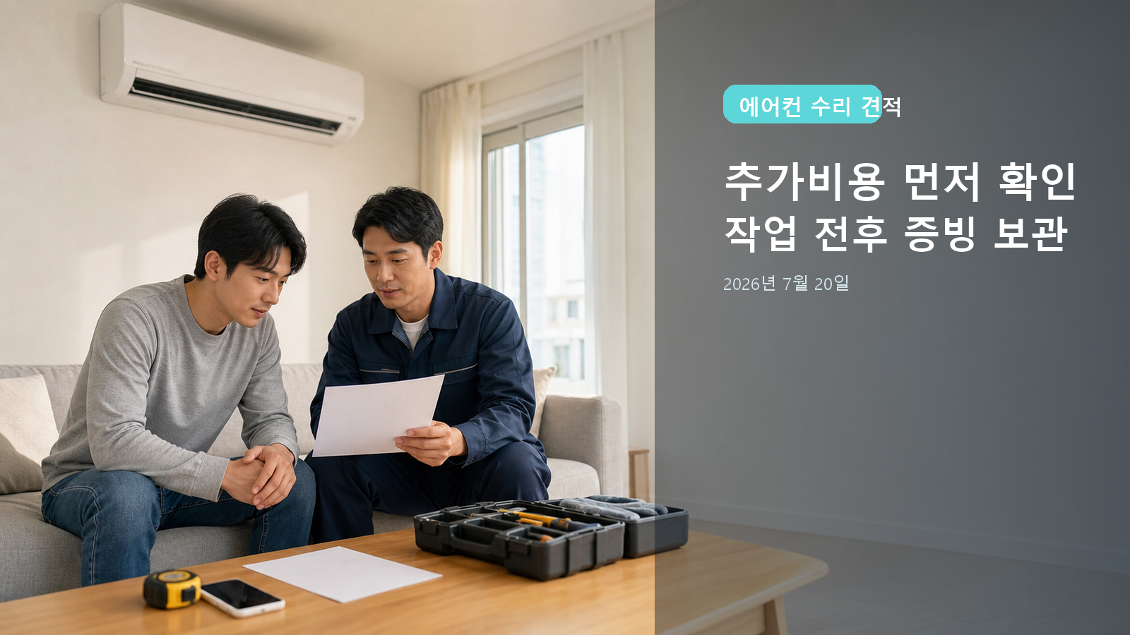 에어컨 기사와 소비자가 빈 견적서를 보며 설치·수리 범위를 확인하는 대표 이미지