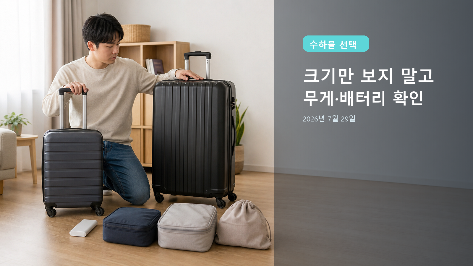 한국인 여행자가 글자 없는 작은 기내용 가방과 큰 위탁용 가방을 비교하는 대표 이미지