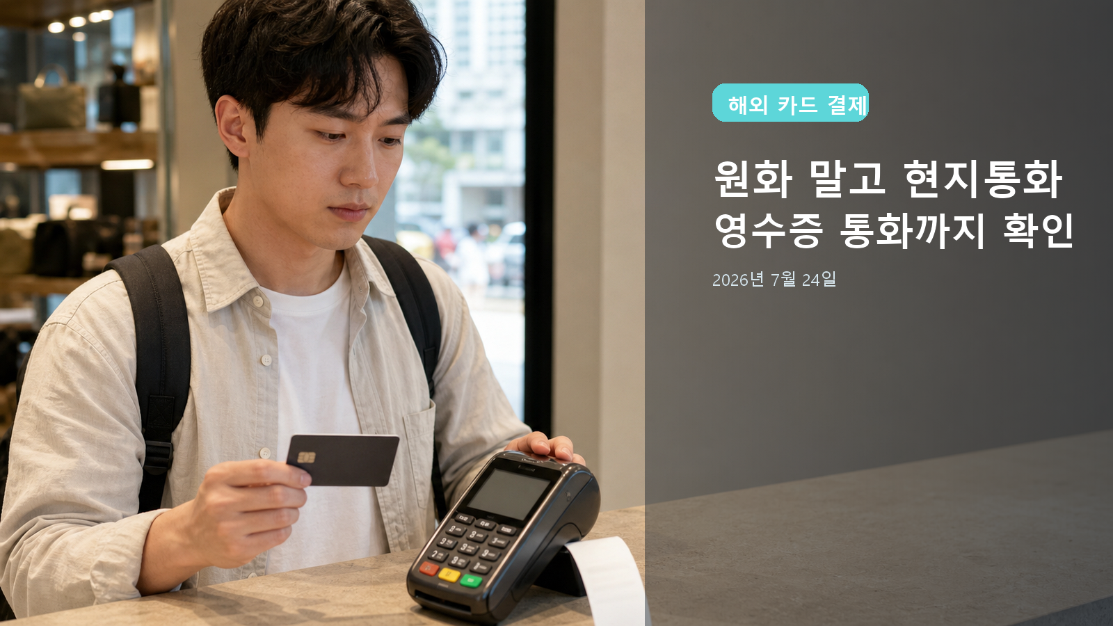 한국인 여행자가 해외 매장의 카드 단말기와 카드를 확인하는 대표 이미지