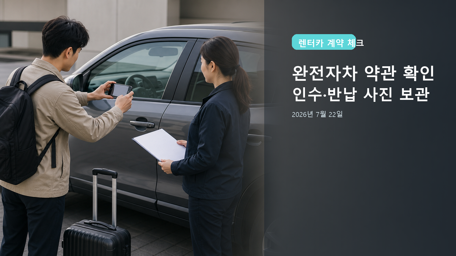 한국인 여행자가 렌터카 인수 전 차량 외관을 촬영하고 직원과 빈 계약서를 확인하는 대표 이미지