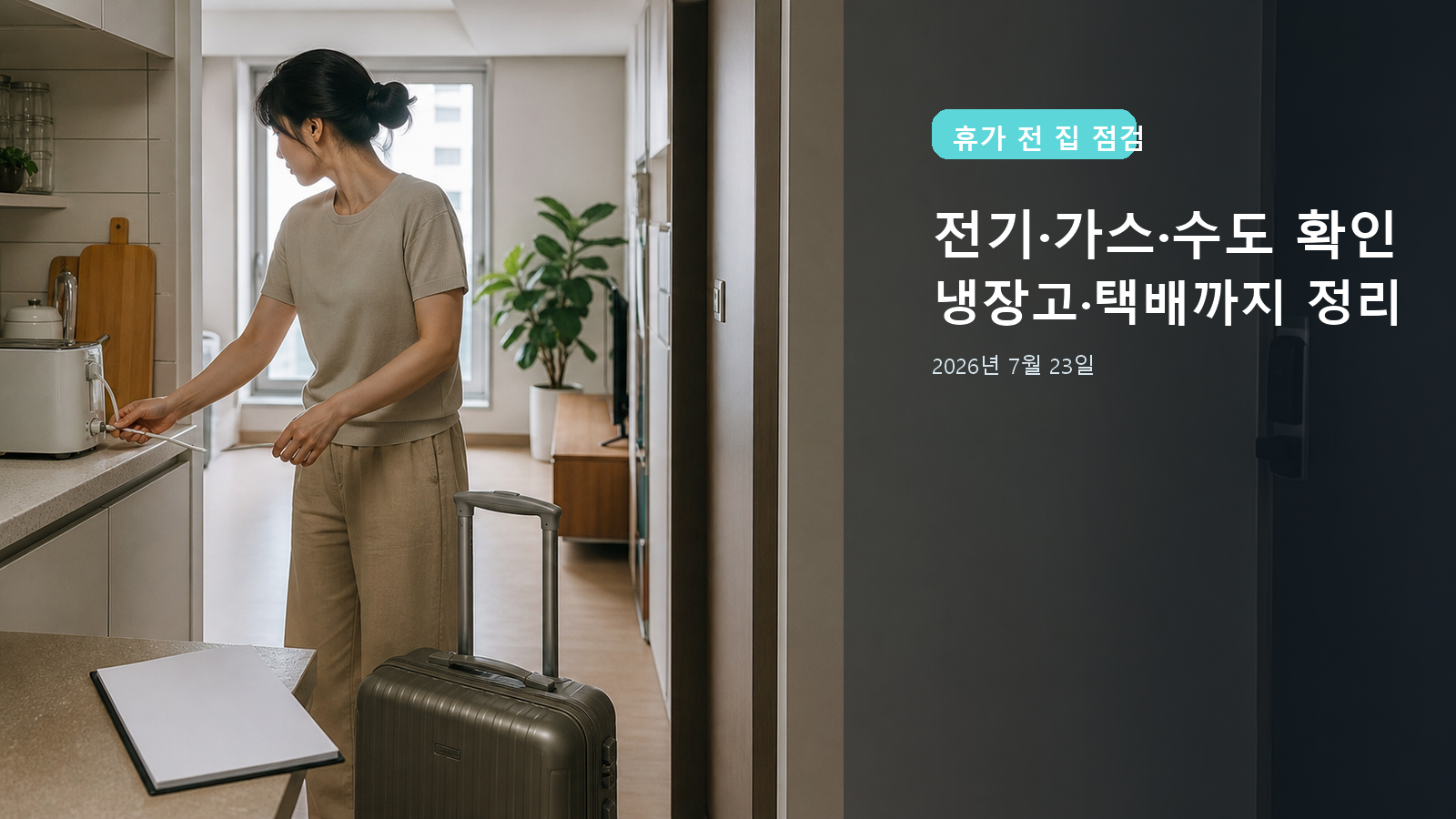 여름휴가 출발 전 한국인 여성이 소형가전 플러그와 현관을 확인하는 대표 이미지